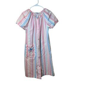 Vintage Smart Time Striped Short Sleeve Button Front House Dress With Embroidere